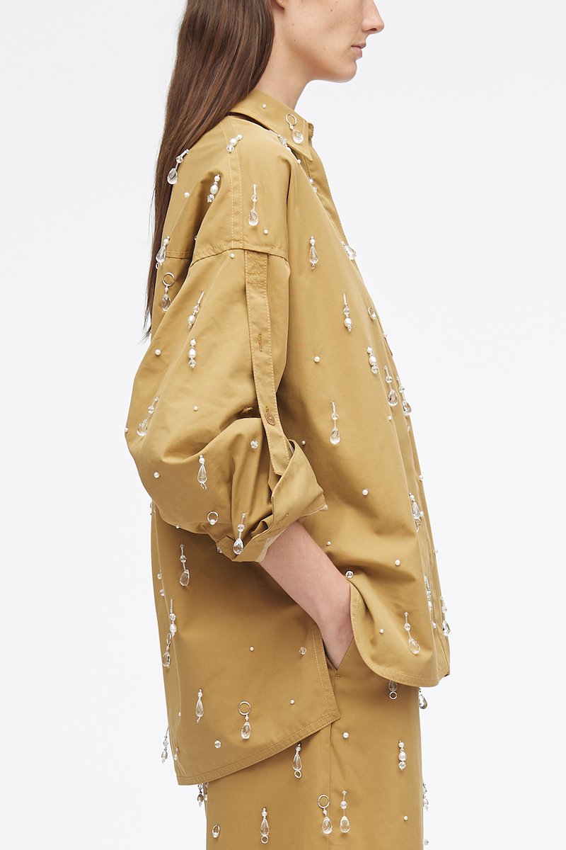 Drip Embellished Chino Button Up Shirt Jacket-brown #0 Drip Embellished Chino Button Up Shirt Jacket, bead-embellished chino shirt from 3.1 PHILLIP LIM featuring brown, cotton blend, bead embellishment, classic collar, front button fastening, long sleeves, buttoned cuffs and side slits.- 2