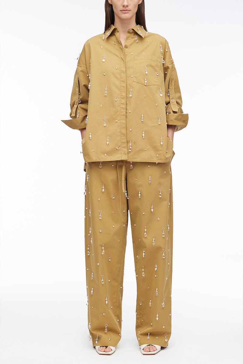 Drip Embellished Chino Button Up Shirt Jacket-brown #0 Drip Embellished Chino Button Up Shirt Jacket, bead-embellished chino shirt from 3.1 PHILLIP LIM featuring brown, cotton blend, bead embellishment, classic collar, front button fastening, long sleeves, buttoned cuffs and side slits.- 0