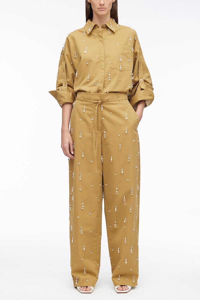 Drip Embellished Chino Wide Leg Pant-brown #0 Drip Embellished Chino Wide Leg Pant, embellished wide-leg chino trousers from 3.1 PHILLIP LIM featuring brown, cotton blend, bead embellishment, belt loops, tied waist, concealed front fastening, two diagonal pockets to the sides, rear welt pocket and wide leg.- 0