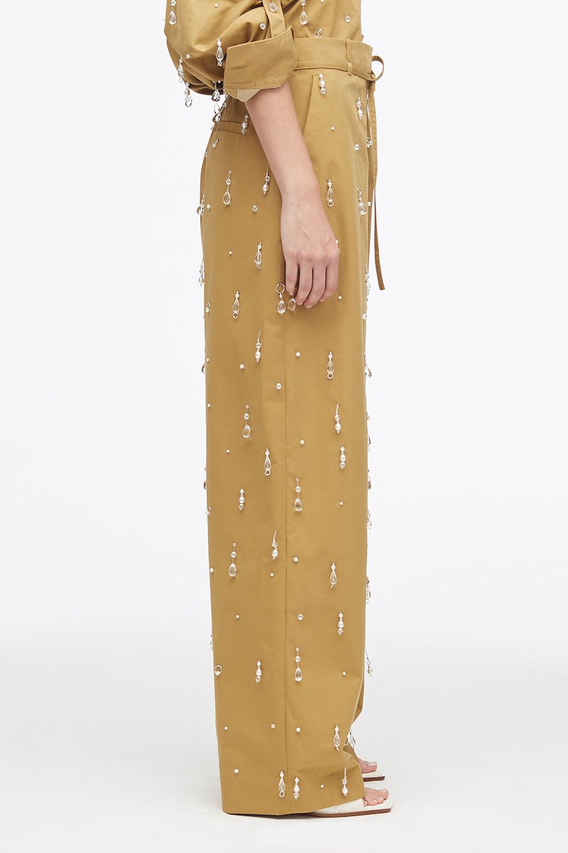 Drip Embellished Chino Wide Leg Pant-brown #0 Drip Embellished Chino Wide Leg Pant, embellished wide-leg chino trousers from 3.1 PHILLIP LIM featuring brown, cotton blend, bead embellishment, belt loops, tied waist, concealed front fastening, two diagonal pockets to the sides, rear welt pocket and wide leg.- 2