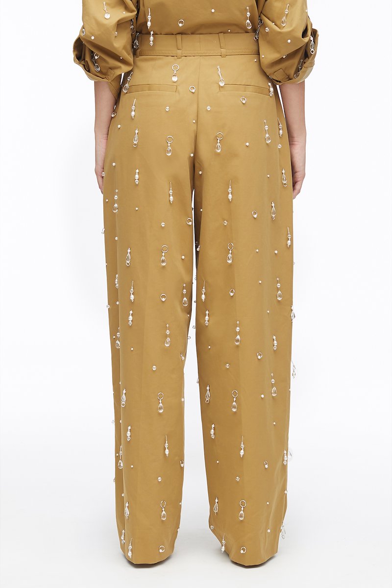 Drip Embellished Chino Wide Leg Pant-brown #1 Drip Embellished Chino Wide Leg Pant, embellished wide-leg chino trousers from 3.1 PHILLIP LIM featuring brown, cotton blend, bead embellishment, belt loops, tied waist, concealed front fastening, two diagonal pockets to the sides, rear welt pocket and wide leg.- 3