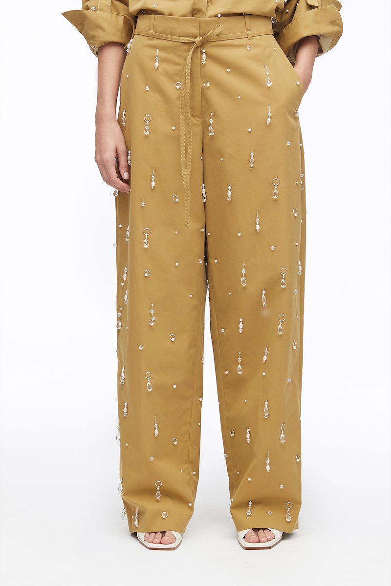 Drip Embellished Chino Wide Leg Pant-brown #1 Drip Embellished Chino Wide Leg Pant, embellished wide-leg chino trousers from 3.1 PHILLIP LIM featuring brown, cotton blend, bead embellishment, belt loops, tied waist, concealed front fastening, two diagonal pockets to the sides, rear welt pocket and wide leg.- 1