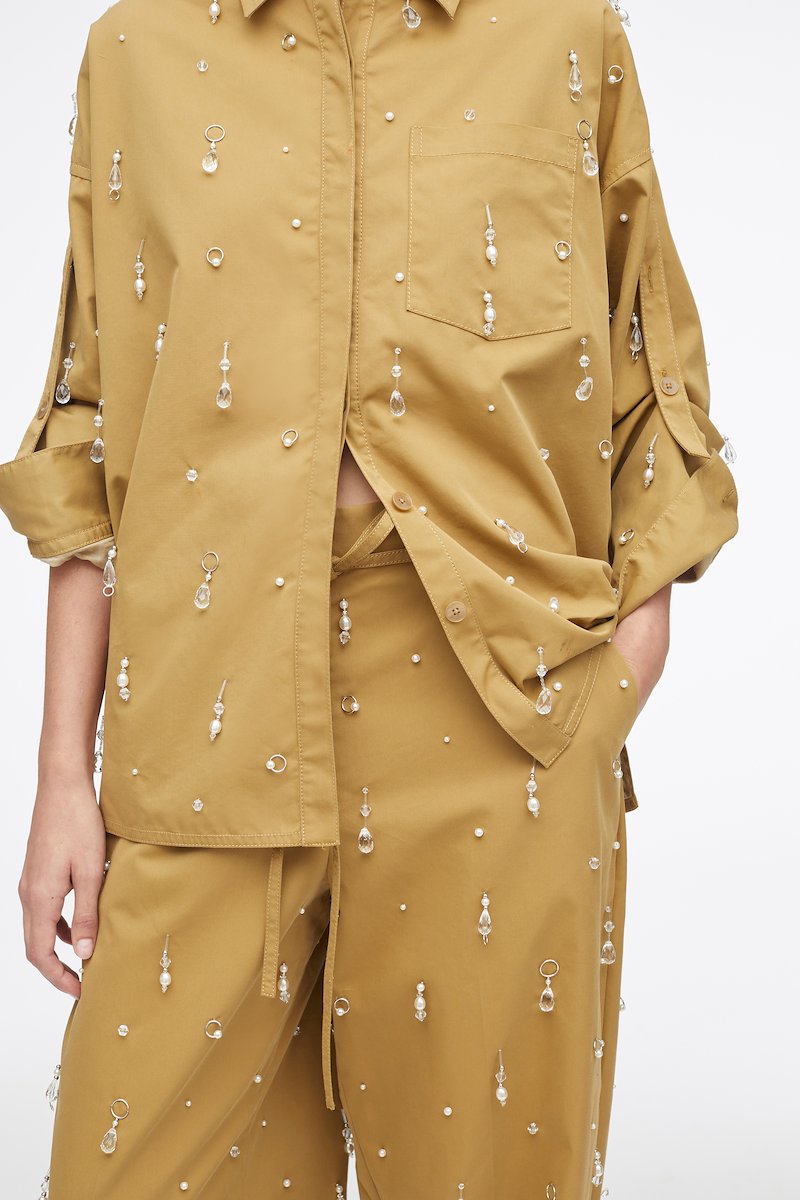 Drip Embellished Chino Wide Leg Pant-brown #0 Drip Embellished Chino Wide Leg Pant, embellished wide-leg chino trousers from 3.1 PHILLIP LIM featuring brown, cotton blend, bead embellishment, belt loops, tied waist, concealed front fastening, two diagonal pockets to the sides, rear welt pocket and wide leg.- 4