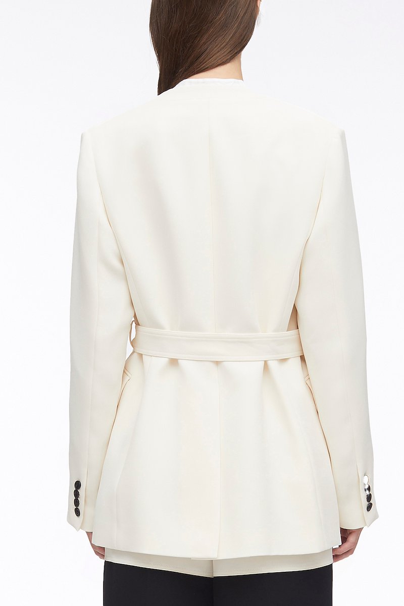 Heavy Cady Wrap Blazer-white #1 Heavy Cady Wrap Blazer, heavy candy wrap blazer from 3.1 PHILLIP LIM featuring off-white, collarless, V-neck, wrap design, side buckle fastening, long sleeves, buttoned cuffs, two side flap pockets and central rear vent.- 3