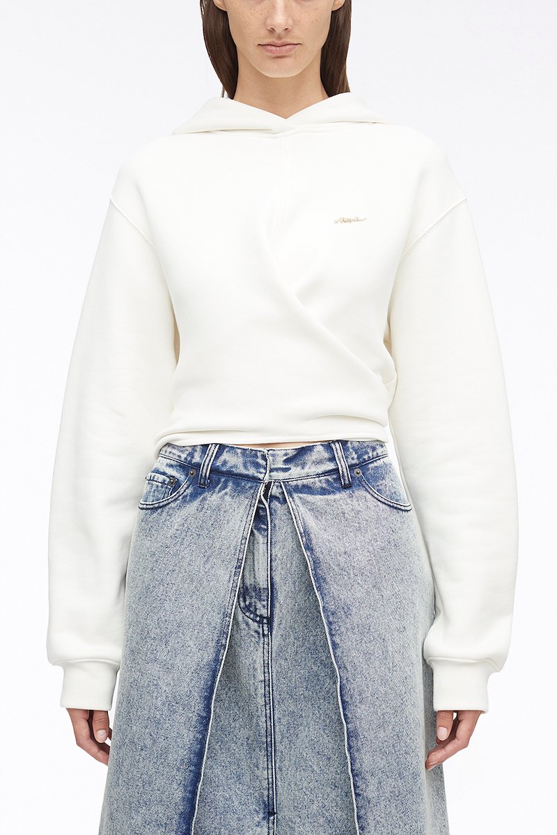 Compact French Terry Front Wrap Hoodie-white #0 Compact French Terry Front Wrap Hoodie, embroidered-logo wrap hoodie from 3.1 PHILLIP LIM featuring white, cotton, wrap design, embroidered logo at the chest, classic hood, drop shoulder, long sleeves and ribbed cuffs.- 4