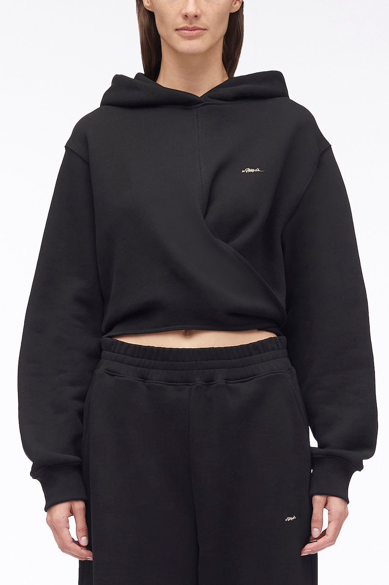 Compact French Terry Front Wrap Hoodie-black #1 Compact French Terry Front Wrap Hoodie, logo-print cotton hoodie from 3.1 PHILLIP LIM featuring black, cotton, logo print at the chest, slouchy hood, long sleeves, ribbed cuffs and straight hem.- 1