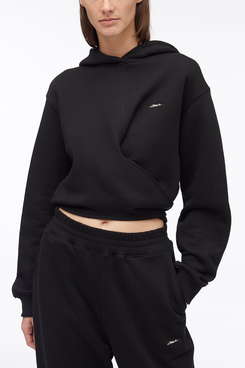 Compact French Terry Front Wrap Hoodie-black #0 Compact French Terry Front Wrap Hoodie, logo-print cotton hoodie from 3.1 PHILLIP LIM featuring black, cotton, logo print at the chest, slouchy hood, long sleeves, ribbed cuffs and straight hem.- 4