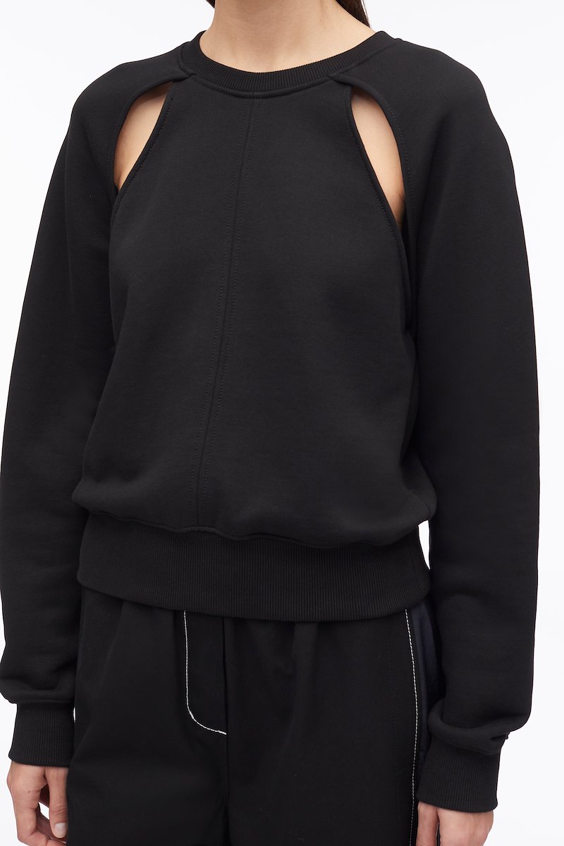 Compact French Terry Cut Out Sweatshirt-black #0 Compact French Terry Cut Out Sweatshirt, cut-out cotton sweatshirt from 3.1 PHILLIP LIM featuring black, cotton, cut-out detailing, crew neck, long sleeves and ribbed edge.- 4