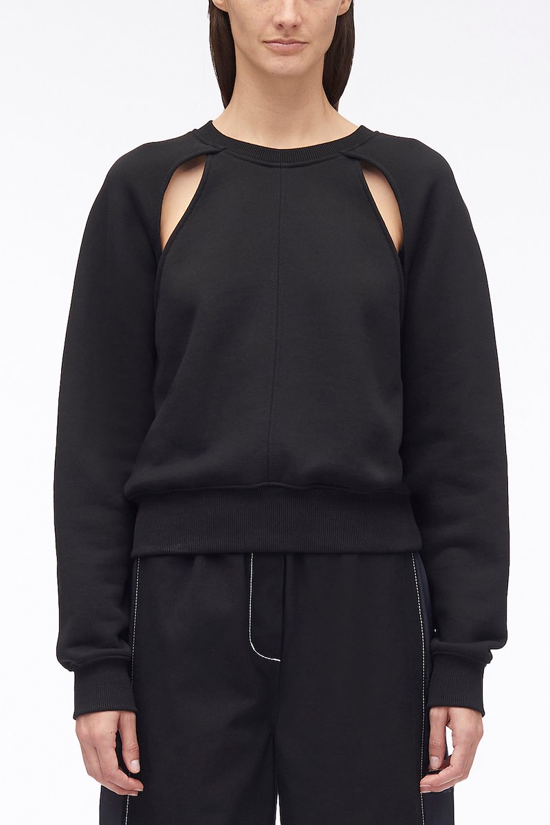 Compact French Terry Cut Out Sweatshirt-black #1 Compact French Terry Cut Out Sweatshirt, cut-out cotton sweatshirt from 3.1 PHILLIP LIM featuring black, cotton, cut-out detailing, crew neck, long sleeves and ribbed edge.- 1