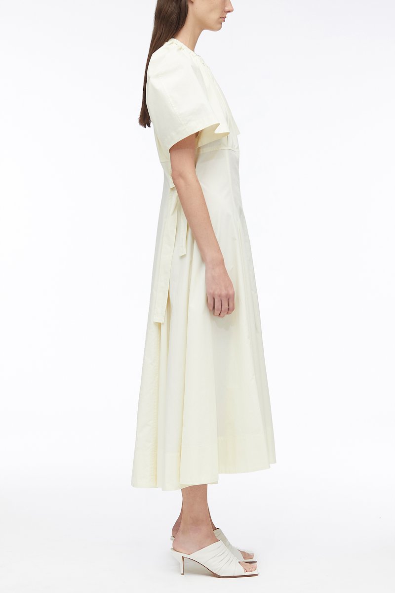 Ladybug Poplin Midi Dress, ruched short-sleeved midi dress from 3.1 PHILLIP LIM featuring light yellow, cotton blend, ruched detailing, round neck, short sleeves and mid-length.- 1