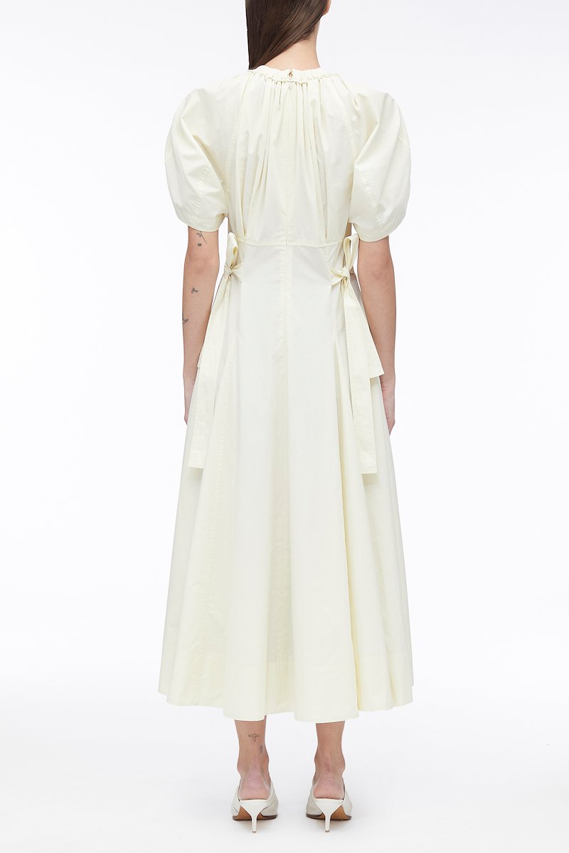 Ladybug Poplin Midi Dress-neutrals #0 Ladybug Poplin Midi Dress, ruched short-sleeved midi dress from 3.1 PHILLIP LIM featuring light yellow, cotton blend, ruched detailing, round neck, short sleeves and mid-length.- 2