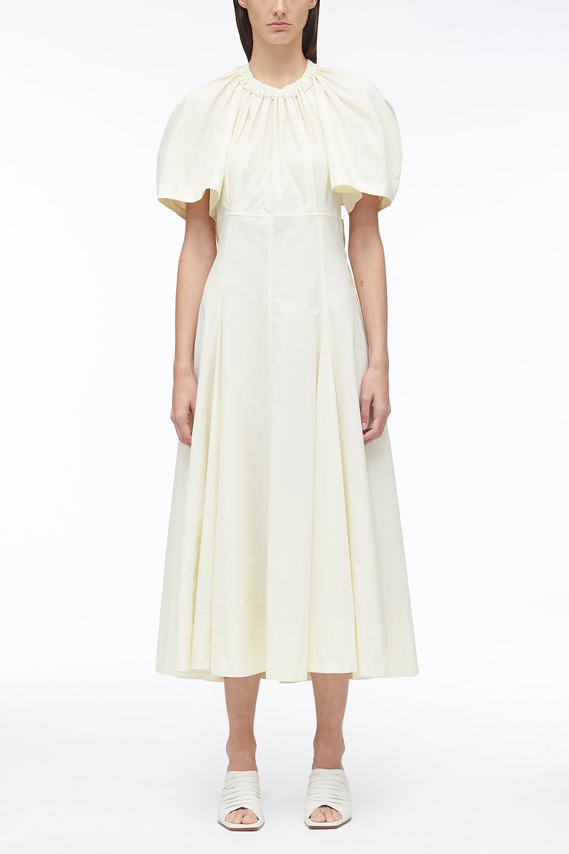 Ladybug Poplin Midi Dress-neutrals #0 Ladybug Poplin Midi Dress, ruched short-sleeved midi dress from 3.1 PHILLIP LIM featuring light yellow, cotton blend, ruched detailing, round neck, short sleeves and mid-length.- 0