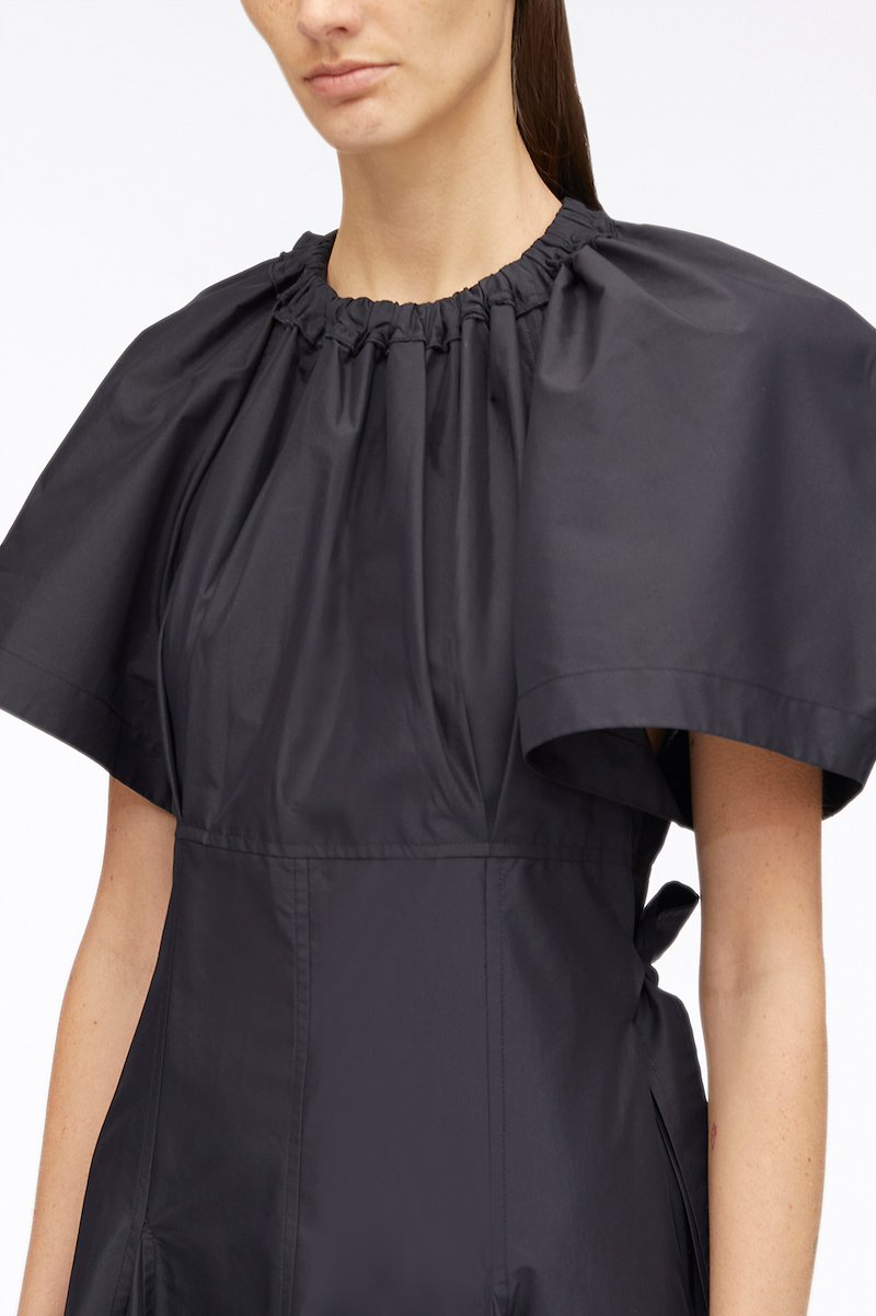Ladybug Poplin Midi Dress-black #1 Ladybug Poplin Midi Dress, Ladybug poplin midi dres from 3.1 PHILLIP LIM featuring black, cotton blend, poplin texture, ruched detailing, round neck, side tie fastening, concealed rear zip fastening, short puff sleeves, flared and mid-length.- 3
