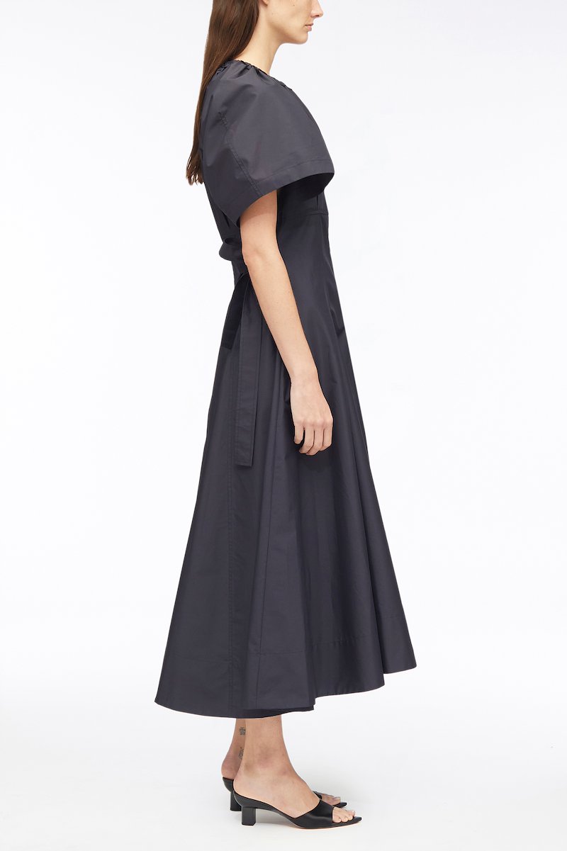 Ladybug Poplin Midi Dress-black #1 Ladybug Poplin Midi Dress, Ladybug poplin midi dres from 3.1 PHILLIP LIM featuring black, cotton blend, poplin texture, ruched detailing, round neck, side tie fastening, concealed rear zip fastening, short puff sleeves, flared and mid-length.- 1