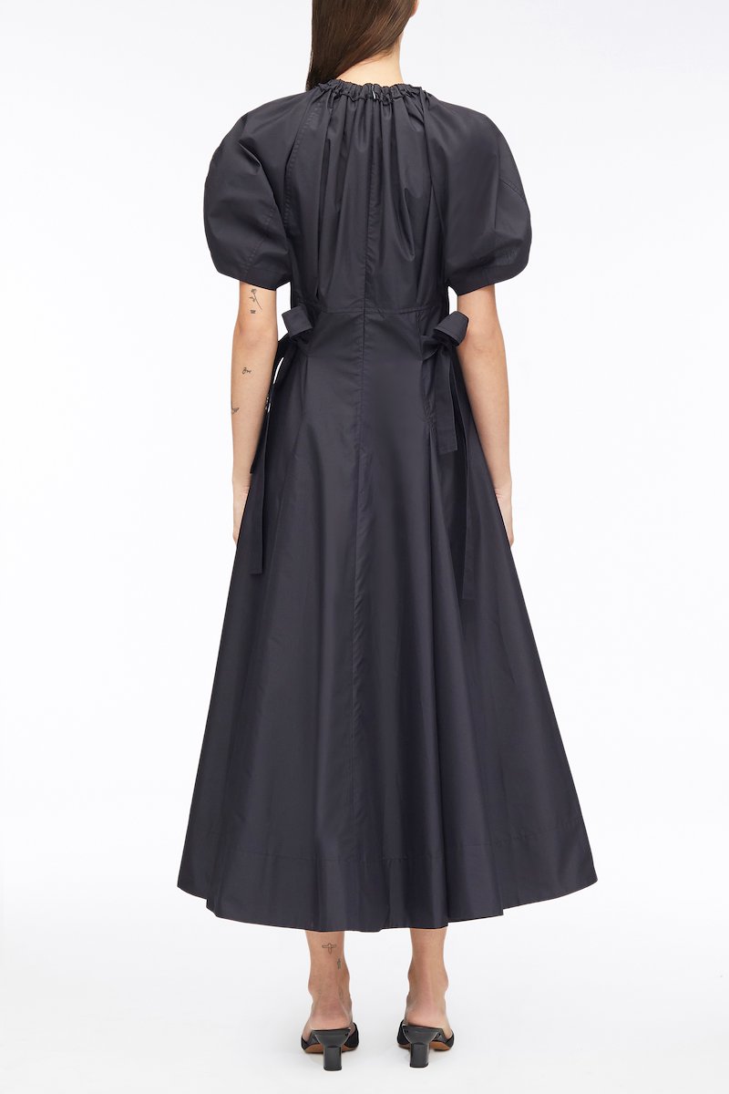 Ladybug Poplin Midi Dress-black #0 Ladybug Poplin Midi Dress, Ladybug poplin midi dres from 3.1 PHILLIP LIM featuring black, cotton blend, poplin texture, ruched detailing, round neck, side tie fastening, concealed rear zip fastening, short puff sleeves, flared and mid-length.- 2