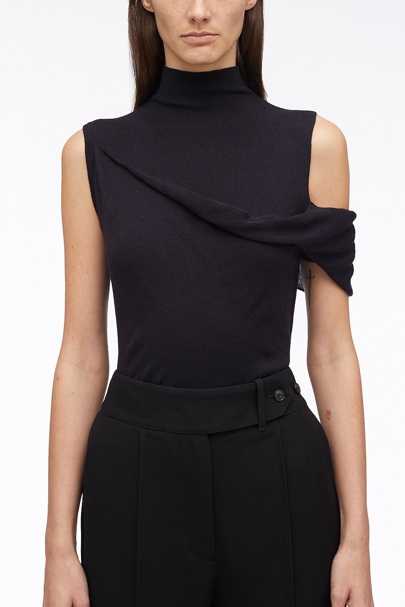 Sleeveless Draped Fallen Shoulder Wool Pullover-black #1 Sleeveless Draped Fallen Shoulder Wool Pullover, draped one-shoulder knit top from 3.1 PHILLIP LIM featuring black, wool blend, off-shoulder, sleeveless, high neck, draped design and straight hem.- 1