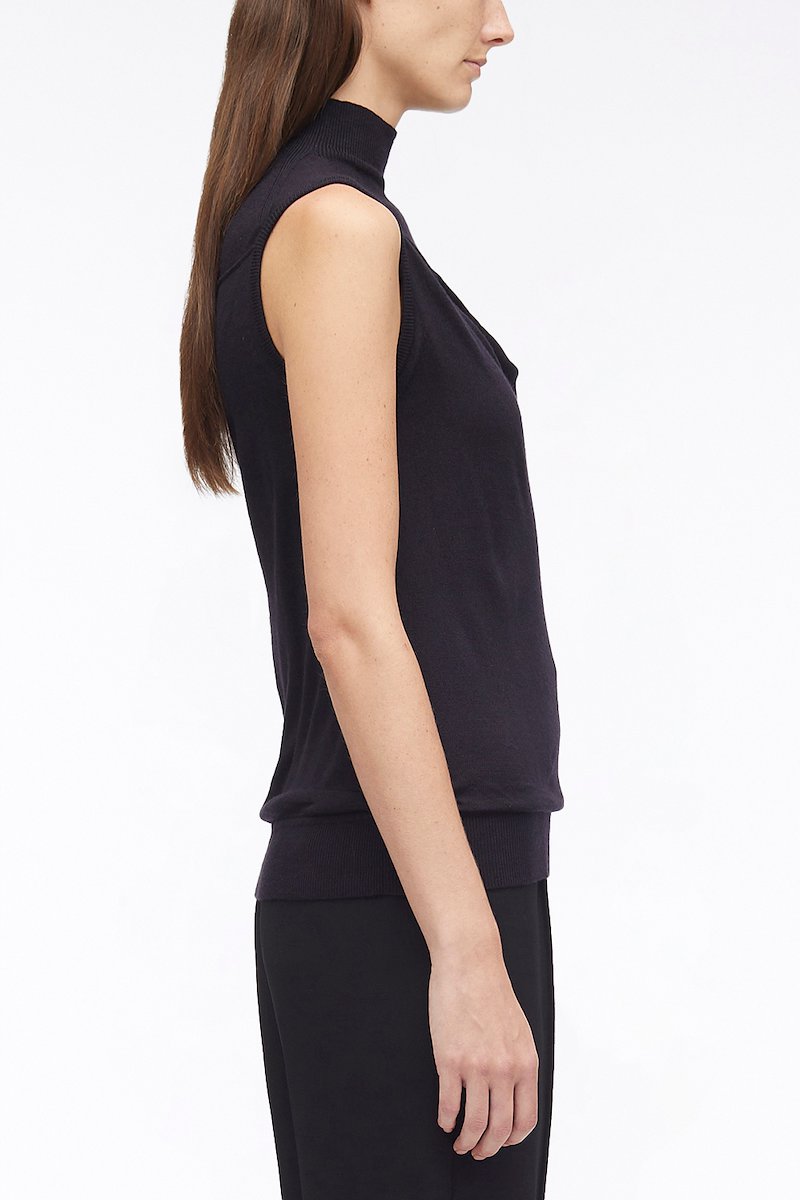 Sleeveless Draped Fallen Shoulder Wool Pullover-black #0 Sleeveless Draped Fallen Shoulder Wool Pullover, draped one-shoulder knit top from 3.1 PHILLIP LIM featuring black, wool blend, off-shoulder, sleeveless, high neck, draped design and straight hem.- 2