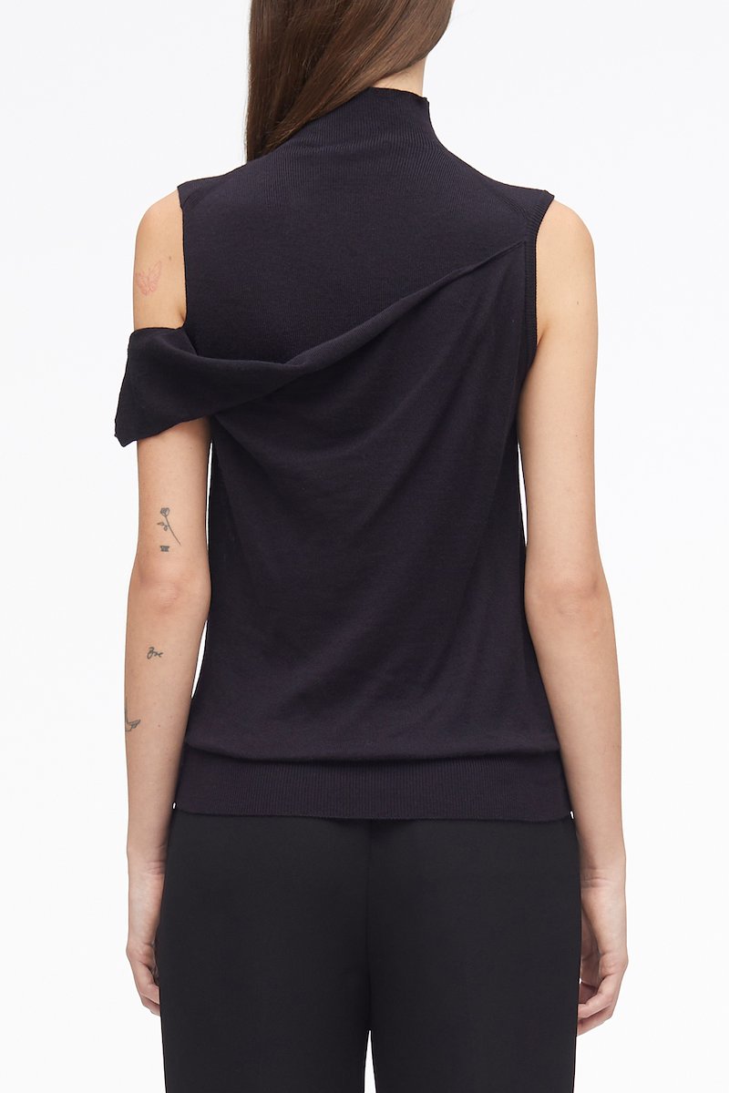 Sleeveless Draped Fallen Shoulder Wool Pullover-black #1 Sleeveless Draped Fallen Shoulder Wool Pullover, draped one-shoulder knit top from 3.1 PHILLIP LIM featuring black, wool blend, off-shoulder, sleeveless, high neck, draped design and straight hem.- 3