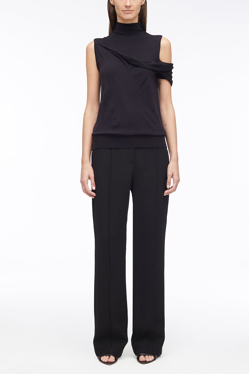 Sleeveless Draped Fallen Shoulder Wool Pullover-black #0 Sleeveless Draped Fallen Shoulder Wool Pullover, draped one-shoulder knit top from 3.1 PHILLIP LIM featuring black, wool blend, off-shoulder, sleeveless, high neck, draped design and straight hem.- 0