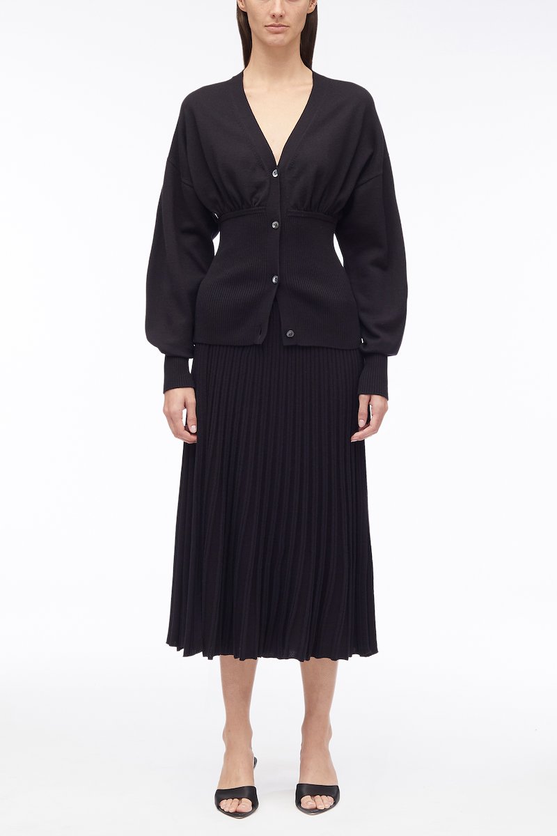Ruffle Seamed Long Sleeve Wool Cardigan-black #0 Ruffle Seamed Long Sleeve Wool Cardigan, Ruffle-Seam wool cardigan from 3.1 PHILLIP LIM featuring black, fine knit, ribbed knit, ruffled detailing, V-neck, front button fastening, long sleeves and straight hem.- 0