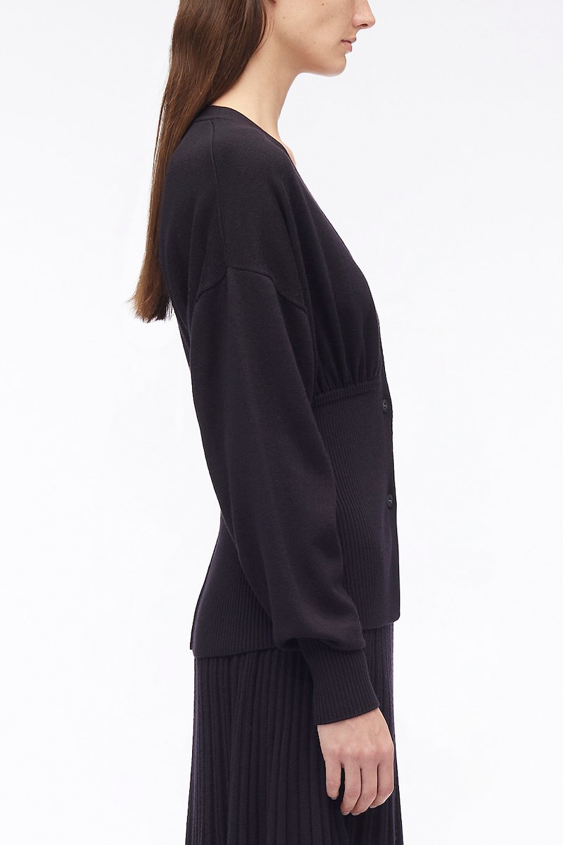 Ruffle Seamed Long Sleeve Wool Cardigan-black #0 Ruffle Seamed Long Sleeve Wool Cardigan, Ruffle-Seam wool cardigan from 3.1 PHILLIP LIM featuring black, fine knit, ribbed knit, ruffled detailing, V-neck, front button fastening, long sleeves and straight hem.- 2