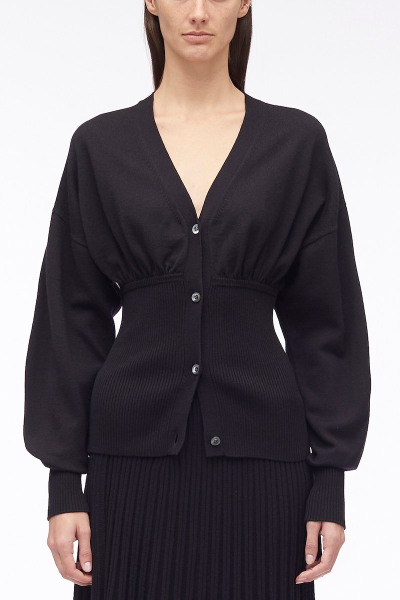 Ruffle Seamed Long Sleeve Wool Cardigan-black #1 Ruffle Seamed Long Sleeve Wool Cardigan, Ruffle-Seam wool cardigan from 3.1 PHILLIP LIM featuring black, fine knit, ribbed knit, ruffled detailing, V-neck, front button fastening, long sleeves and straight hem.- 1