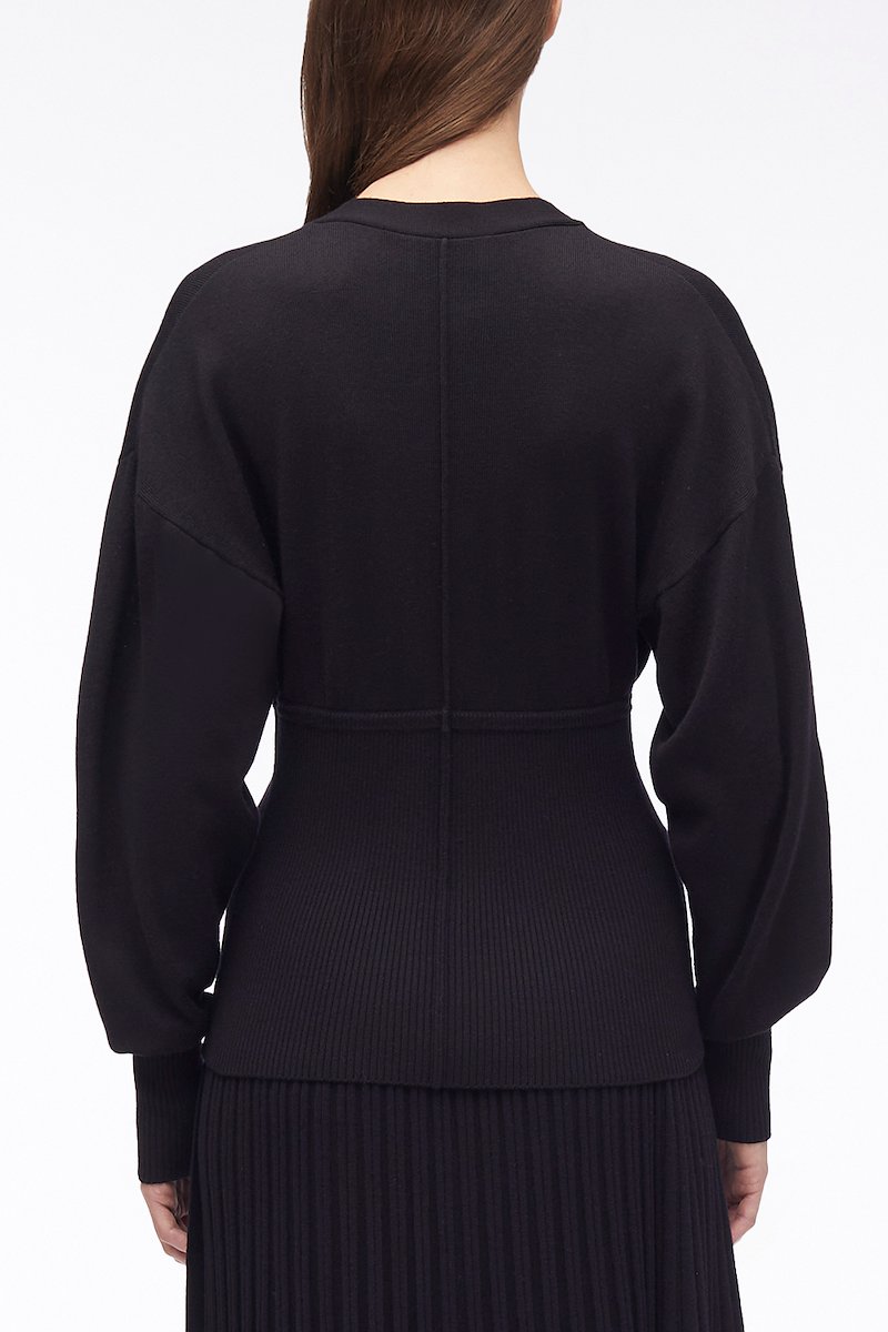 Ruffle Seamed Long Sleeve Wool Cardigan-black #1 Ruffle Seamed Long Sleeve Wool Cardigan, Ruffle-Seam wool cardigan from 3.1 PHILLIP LIM featuring black, fine knit, ribbed knit, ruffled detailing, V-neck, front button fastening, long sleeves and straight hem.- 3