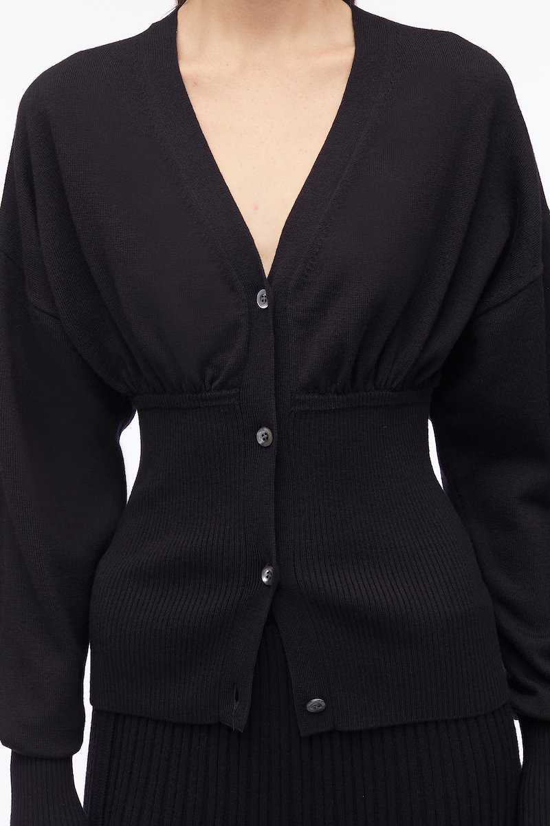Ruffle Seamed Long Sleeve Wool Cardigan-black #0 Ruffle Seamed Long Sleeve Wool Cardigan, Ruffle-Seam wool cardigan from 3.1 PHILLIP LIM featuring black, fine knit, ribbed knit, ruffled detailing, V-neck, front button fastening, long sleeves and straight hem.- 4