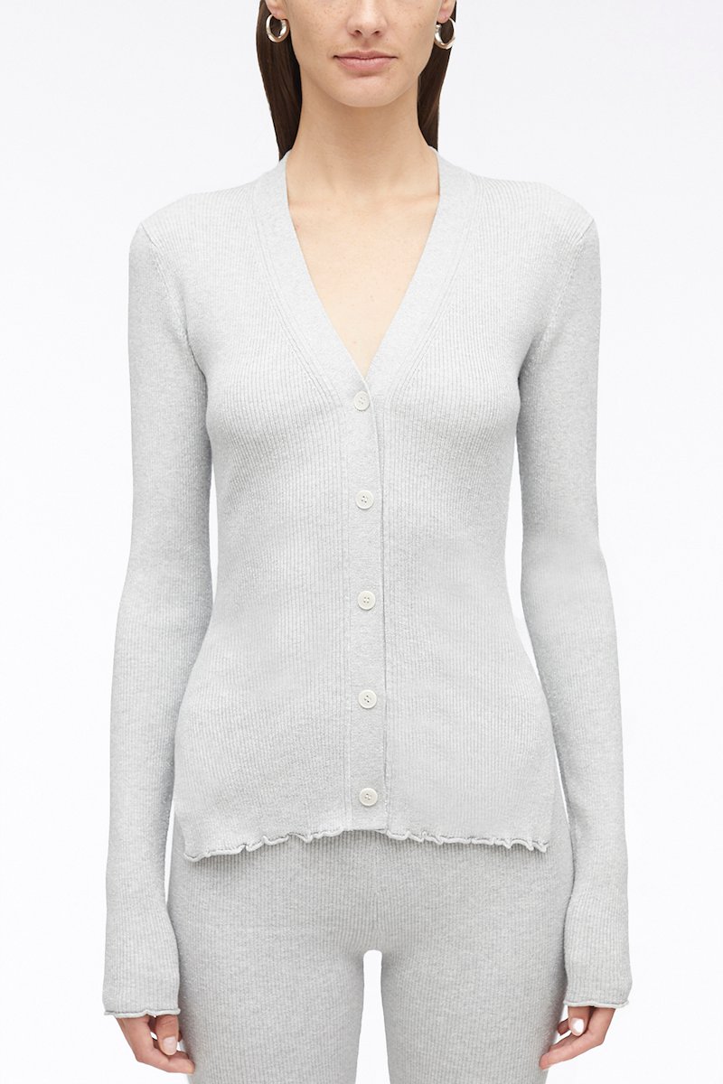 Ruffle Seamed Long Sleeve Wool Cardigan-silver #0 Ruffle Seamed Long Sleeve Wool Cardigan, V-neck ribbed cardigan from 3.1 PHILLIP LIM featuring light grey, metallic threading, ribbed knit, V-neck, front button fastening, side slits, long sleeves and scallop edge.- 4