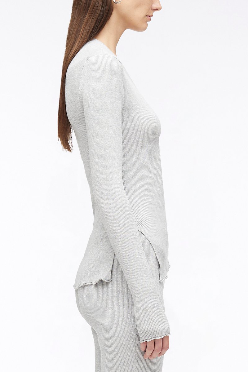 Ruffle Seamed Long Sleeve Wool Cardigan-silver #0 Ruffle Seamed Long Sleeve Wool Cardigan, V-neck ribbed cardigan from 3.1 PHILLIP LIM featuring light grey, metallic threading, ribbed knit, V-neck, front button fastening, side slits, long sleeves and scallop edge.- 2