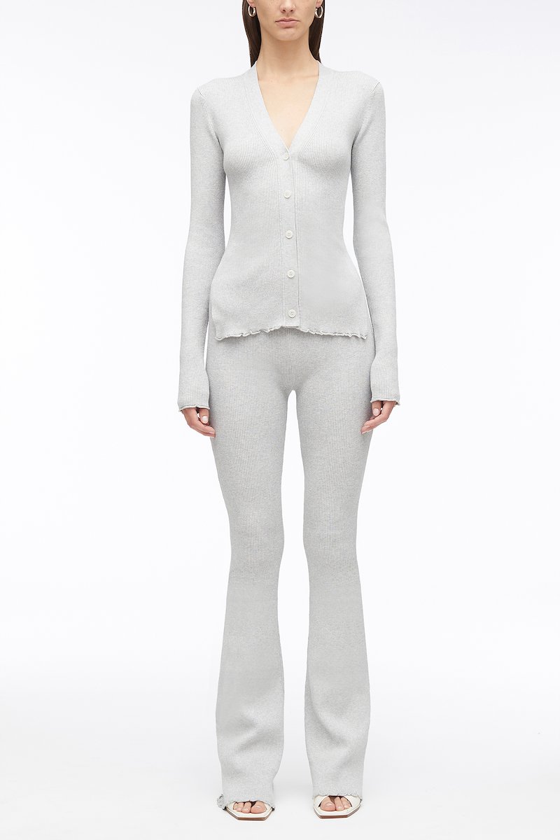 Ruffle Seamed Long Sleeve Wool Cardigan-silver #0 Ruffle Seamed Long Sleeve Wool Cardigan, V-neck ribbed cardigan from 3.1 PHILLIP LIM featuring light grey, metallic threading, ribbed knit, V-neck, front button fastening, side slits, long sleeves and scallop edge.- 0