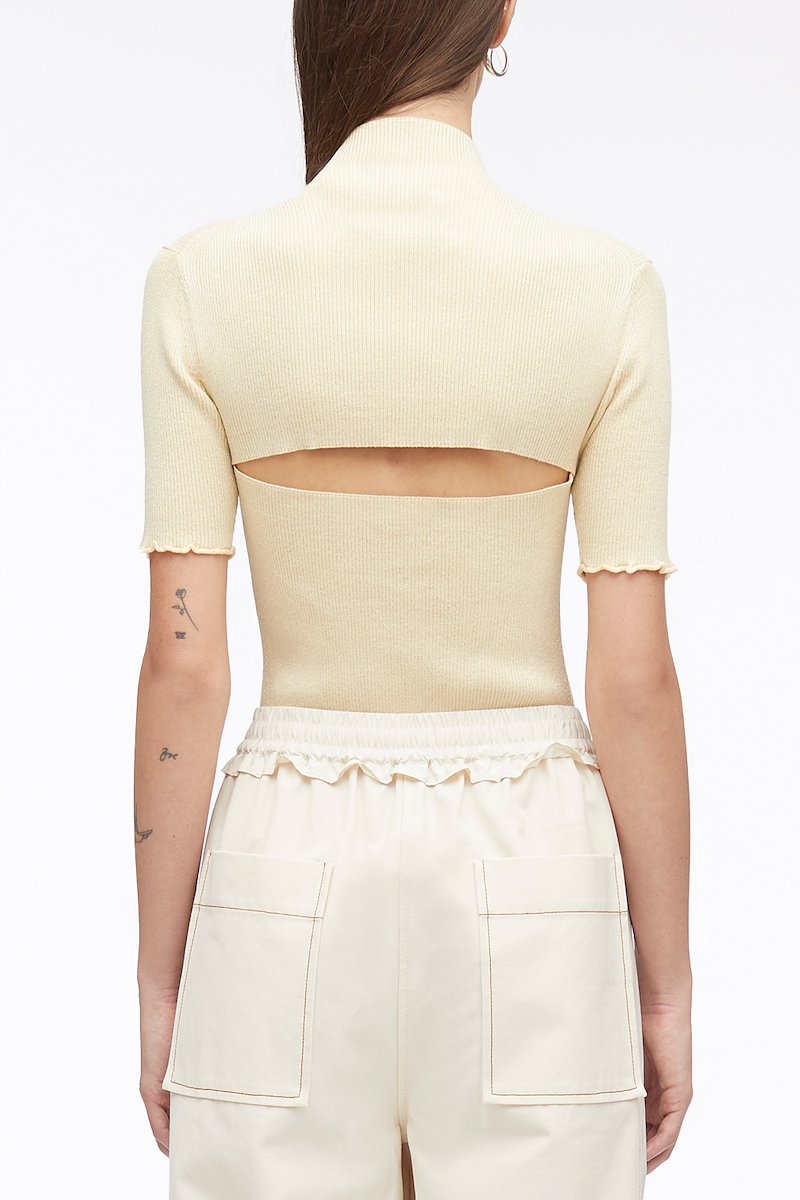Marled Lurex Rib Short Sleeve Pullover-neutrals #1 Marled Lurex Rib Short Sleeve Pullover, cut-out ribbed knit top from 3.1 PHILLIP LIM featuring beige, metallic threading, round neck, cut-out detailing and scallop edge.- 3