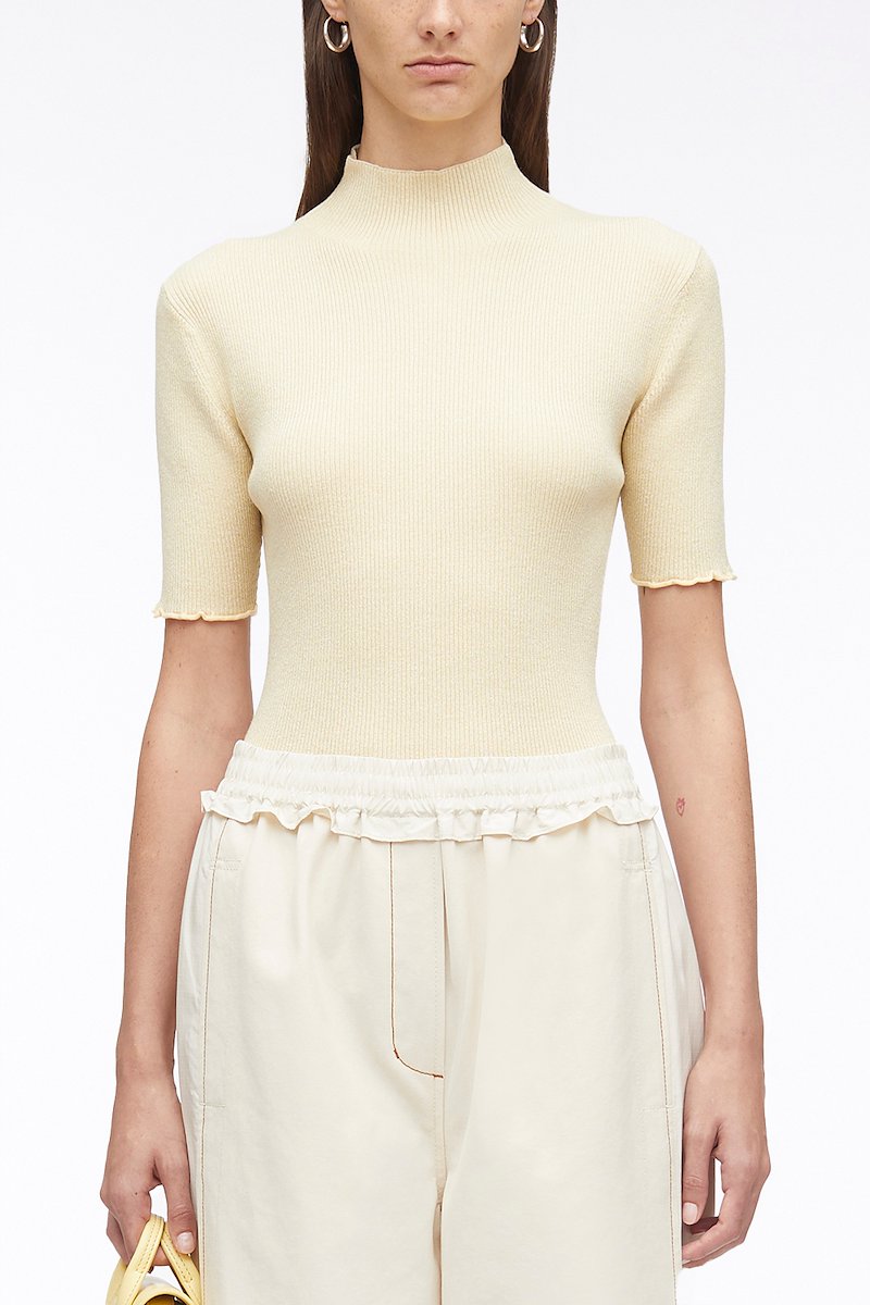 Marled Lurex Rib Short Sleeve Pullover-neutrals #1 Marled Lurex Rib Short Sleeve Pullover, cut-out ribbed knit top from 3.1 PHILLIP LIM featuring beige, metallic threading, round neck, cut-out detailing and scallop edge.- 1
