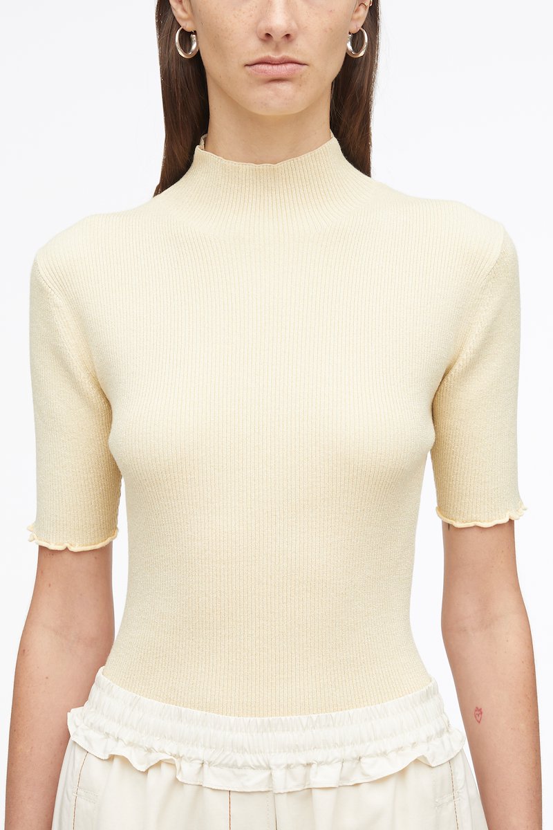 Marled Lurex Rib Short Sleeve Pullover-neutrals #0 Marled Lurex Rib Short Sleeve Pullover, cut-out ribbed knit top from 3.1 PHILLIP LIM featuring beige, metallic threading, round neck, cut-out detailing and scallop edge.- 4