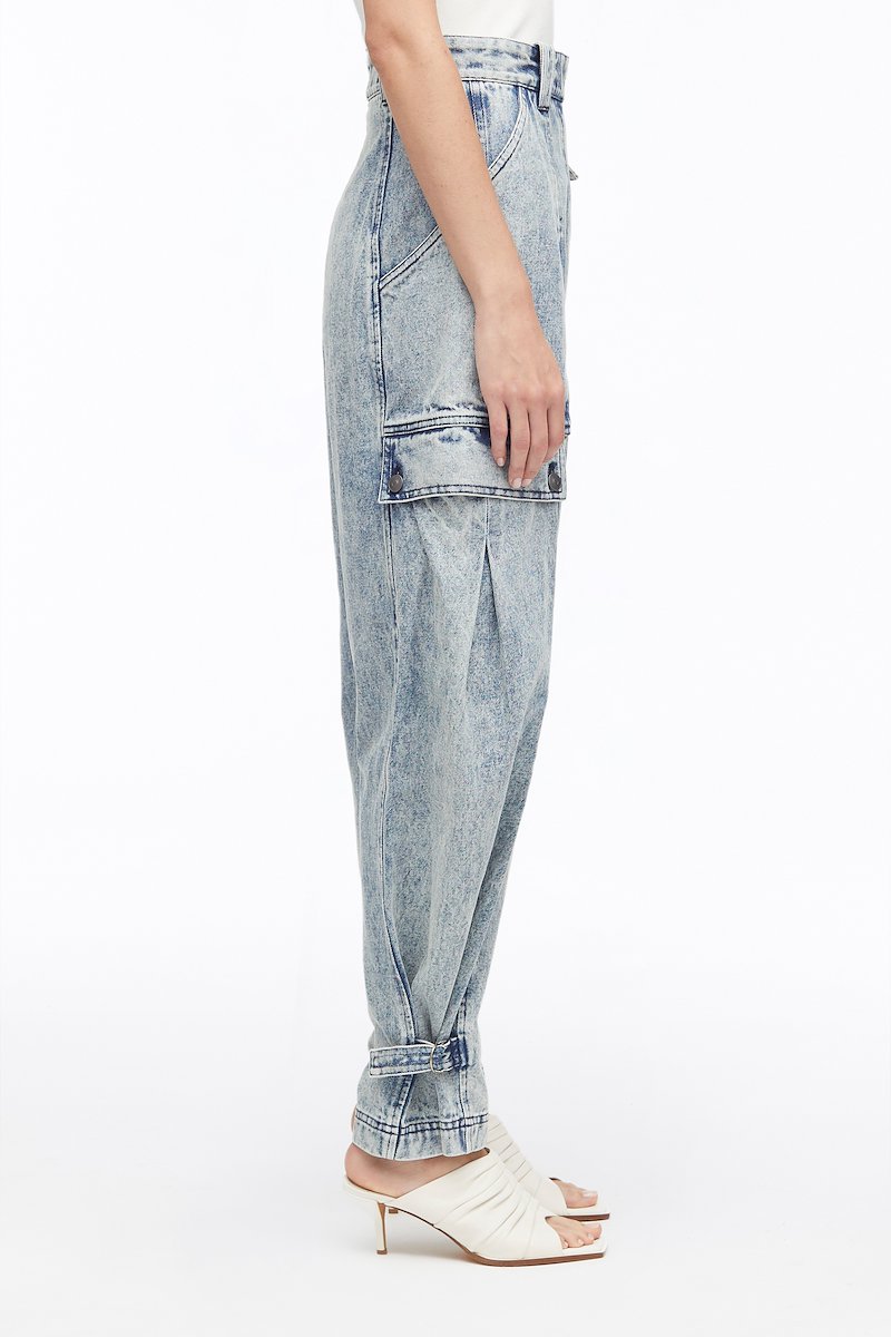 Overdyed Denim Utility Jean-blue #0 Overdyed Denim Utility Jean, over-dyed tapered utility jeans from 3.1 PHILLIP LIM featuring cotton, garment dyed, D-ring findings, high waist, button fly fastening, belt loops, two side slit pockets, two side cargo pockets, tapered leg and glacier blue.- 2