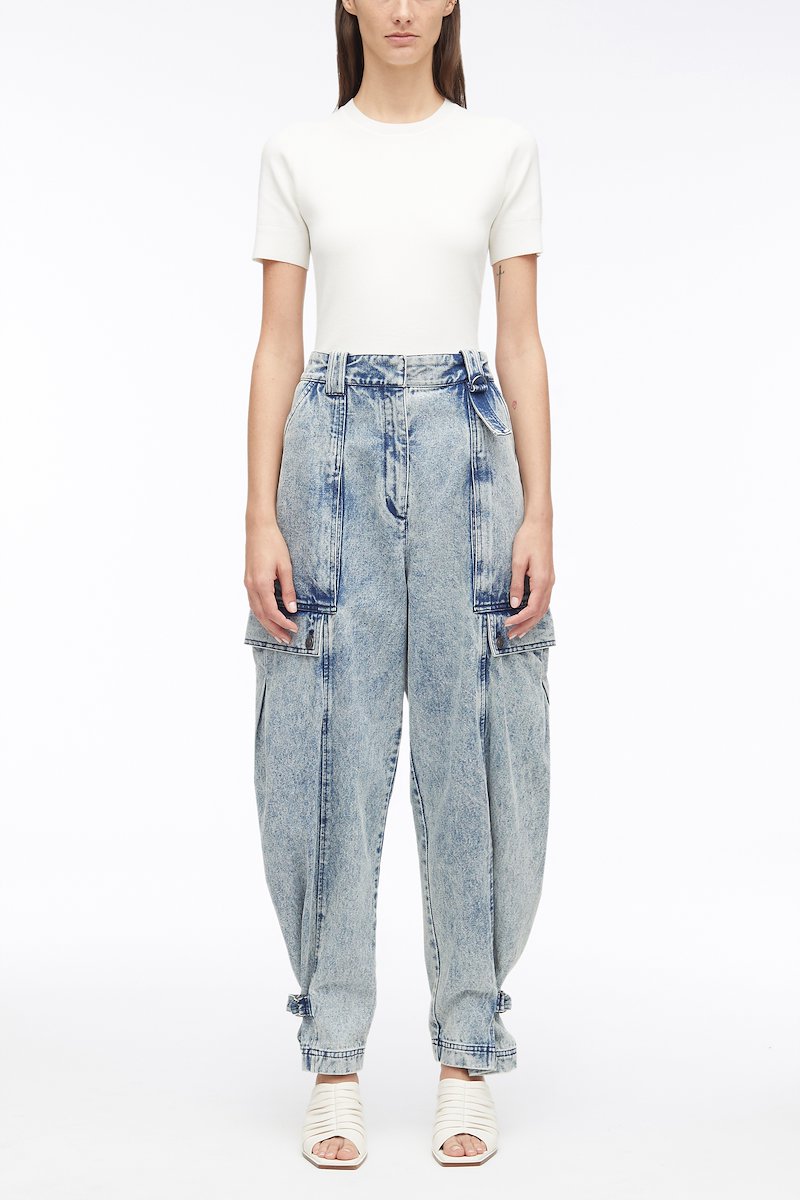 Overdyed Denim Utility Jean-blue #0 Overdyed Denim Utility Jean, over-dyed tapered utility jeans from 3.1 PHILLIP LIM featuring cotton, garment dyed, D-ring findings, high waist, button fly fastening, belt loops, two side slit pockets, two side cargo pockets, tapered leg and glacier blue.- 0