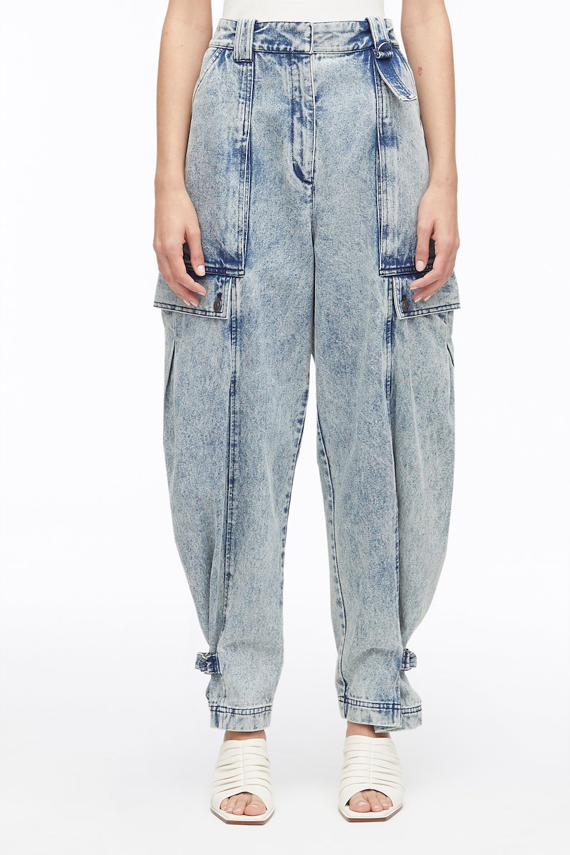 Overdyed Denim Utility Jean-blue #1 Overdyed Denim Utility Jean, over-dyed tapered utility jeans from 3.1 PHILLIP LIM featuring cotton, garment dyed, D-ring findings, high waist, button fly fastening, belt loops, two side slit pockets, two side cargo pockets, tapered leg and glacier blue.- 1