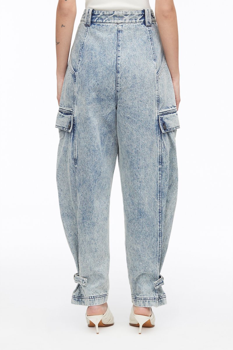 Overdyed Denim Utility Jean-blue #1 Overdyed Denim Utility Jean, over-dyed tapered utility jeans from 3.1 PHILLIP LIM featuring cotton, garment dyed, D-ring findings, high waist, button fly fastening, belt loops, two side slit pockets, two side cargo pockets, tapered leg and glacier blue.- 3
