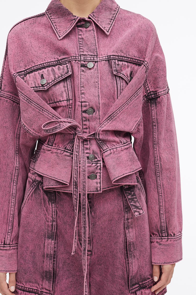 Overdyed Denim Boxy Jacket-pink #0 Overdyed Denim Boxy Jacket, over-dyed boxy denim jacket from 3.1 PHILLIP LIM featuring magenta, cotton, garment dyed, classic collar, front button fastening, two chest flap pockets, long sleeves, buttoned cuffs, tied waist and straight hem.- 4