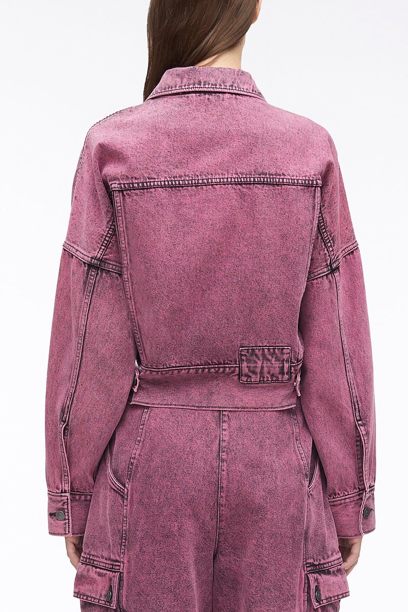 Overdyed Denim Boxy Jacket-pink #1 Overdyed Denim Boxy Jacket, over-dyed boxy denim jacket from 3.1 PHILLIP LIM featuring magenta, cotton, garment dyed, classic collar, front button fastening, two chest flap pockets, long sleeves, buttoned cuffs, tied waist and straight hem.- 3