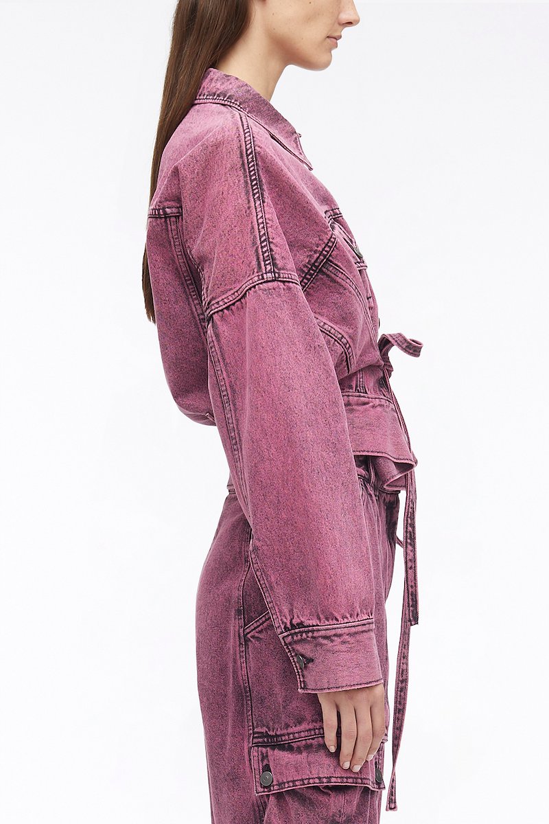 Overdyed Denim Boxy Jacket-pink #0 Overdyed Denim Boxy Jacket, over-dyed boxy denim jacket from 3.1 PHILLIP LIM featuring magenta, cotton, garment dyed, classic collar, front button fastening, two chest flap pockets, long sleeves, buttoned cuffs, tied waist and straight hem.- 2