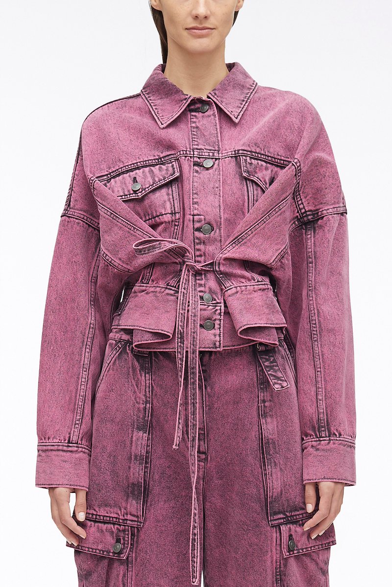 Overdyed Denim Boxy Jacket-pink #1 Overdyed Denim Boxy Jacket, over-dyed boxy denim jacket from 3.1 PHILLIP LIM featuring magenta, cotton, garment dyed, classic collar, front button fastening, two chest flap pockets, long sleeves, buttoned cuffs, tied waist and straight hem.- 1