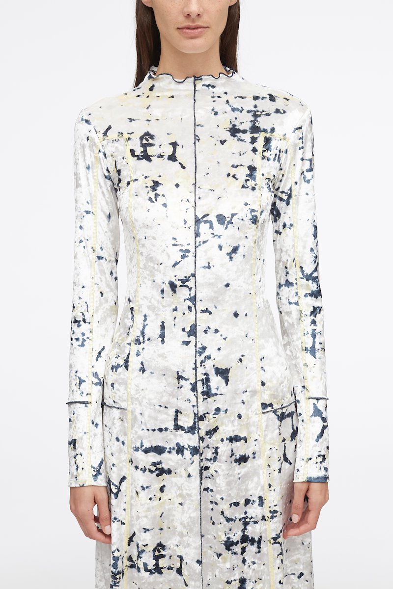 Kaleidoscope Crushed Velvet Flare Dress-neutrals #1 Kaleidoscope Crushed Velvet Flare Dress, crushed velvet long dress from 3.1 PHILLIP LIM featuring ivory white, yellow, blink black, abstract pattern print, flared design, crushed velvet, ruffle collar, long sleeves and long length.- 3