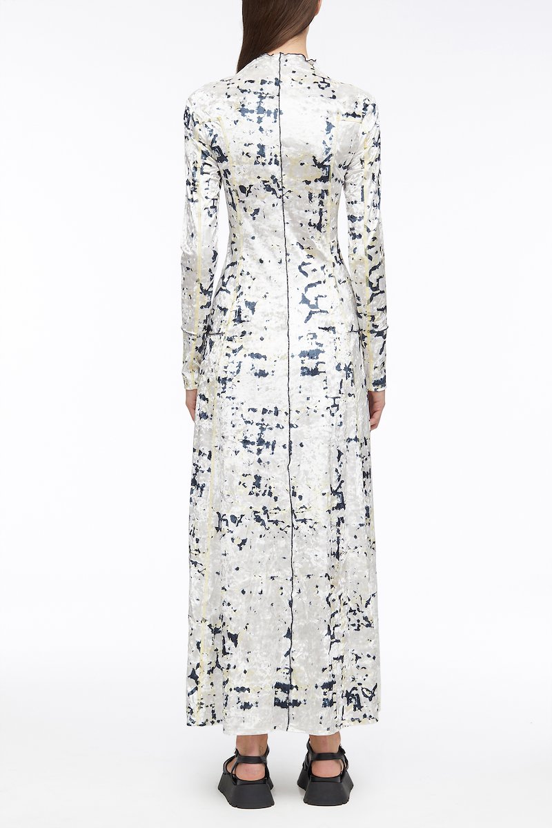 Kaleidoscope Crushed Velvet Flare Dress-neutrals #0 Kaleidoscope Crushed Velvet Flare Dress, crushed velvet long dress from 3.1 PHILLIP LIM featuring ivory white, yellow, blink black, abstract pattern print, flared design, crushed velvet, ruffle collar, long sleeves and long length.- 2