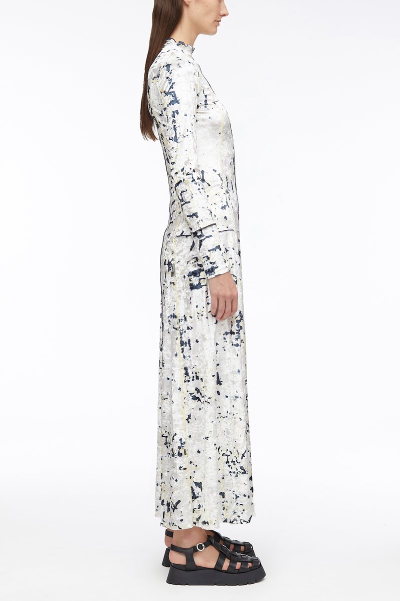 Kaleidoscope Crushed Velvet Flare Dress-neutrals #1 Kaleidoscope Crushed Velvet Flare Dress, crushed velvet long dress from 3.1 PHILLIP LIM featuring ivory white, yellow, blink black, abstract pattern print, flared design, crushed velvet, ruffle collar, long sleeves and long length.- 1