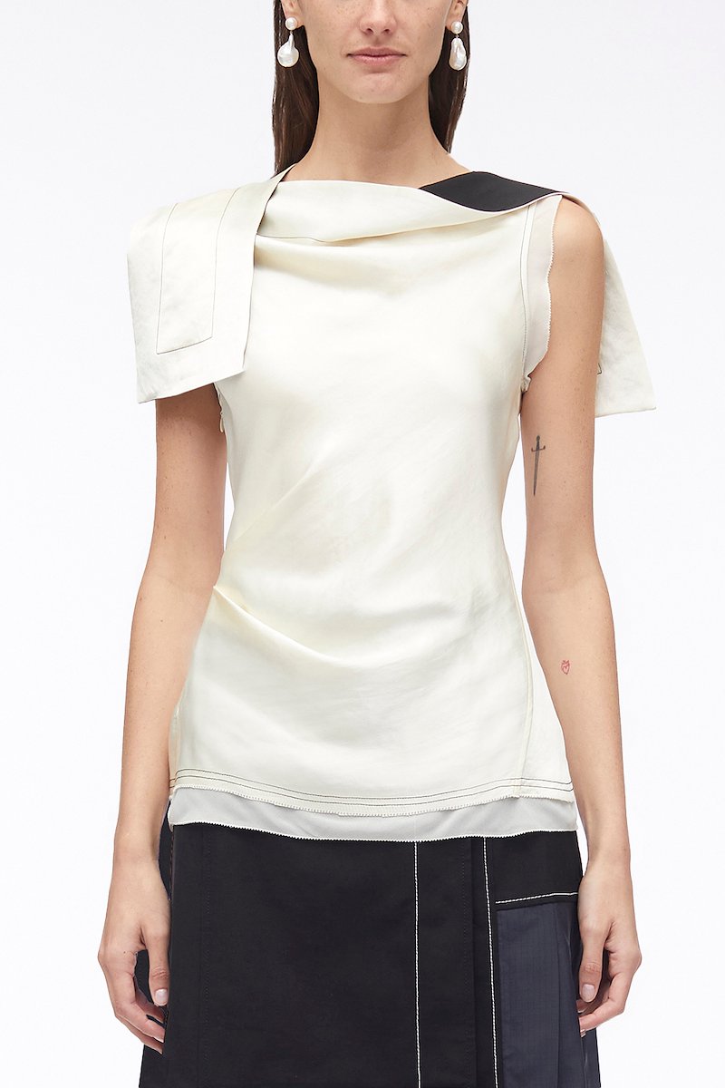 Asymmetric Drape Sleeveless Satin Top-black #1 Asymmetric Drape Sleeveless Satin Top, asymmetric drape satin top from 3.1 PHILLIP LIM featuring black/white, satin finish, layered effect, draped strap detailing, contrast stitching, asymmetric neck and sleeveless.- 1
