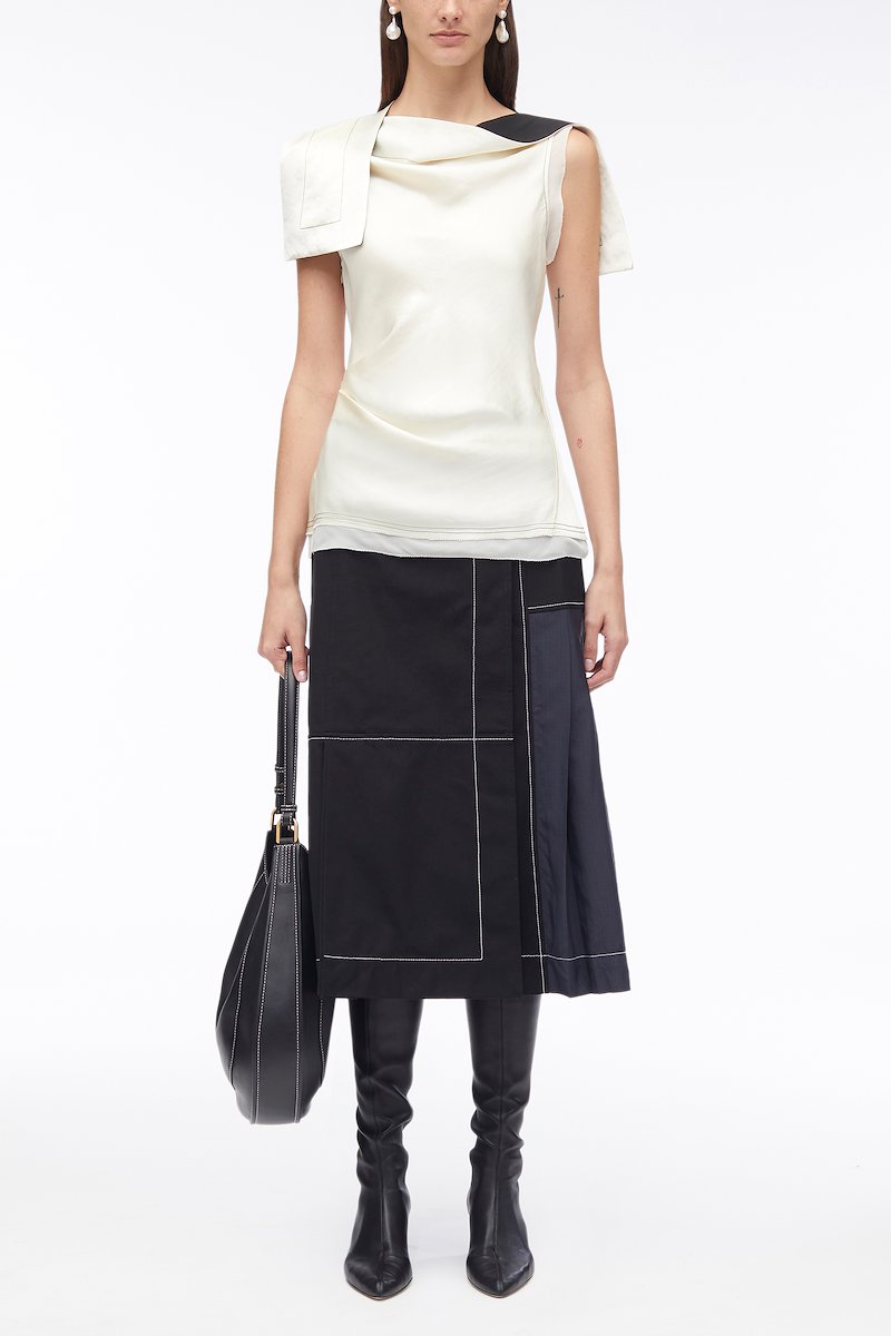 Asymmetric Drape Sleeveless Satin Top-black #0 Asymmetric Drape Sleeveless Satin Top, asymmetric drape satin top from 3.1 PHILLIP LIM featuring black/white, satin finish, layered effect, draped strap detailing, contrast stitching, asymmetric neck and sleeveless.- 0