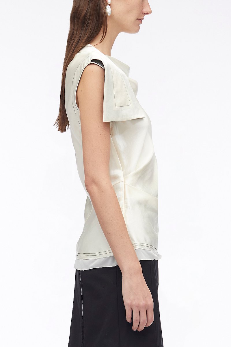 Asymmetric Drape Sleeveless Satin Top-black #0 Asymmetric Drape Sleeveless Satin Top, asymmetric drape satin top from 3.1 PHILLIP LIM featuring black/white, satin finish, layered effect, draped strap detailing, contrast stitching, asymmetric neck and sleeveless.- 2