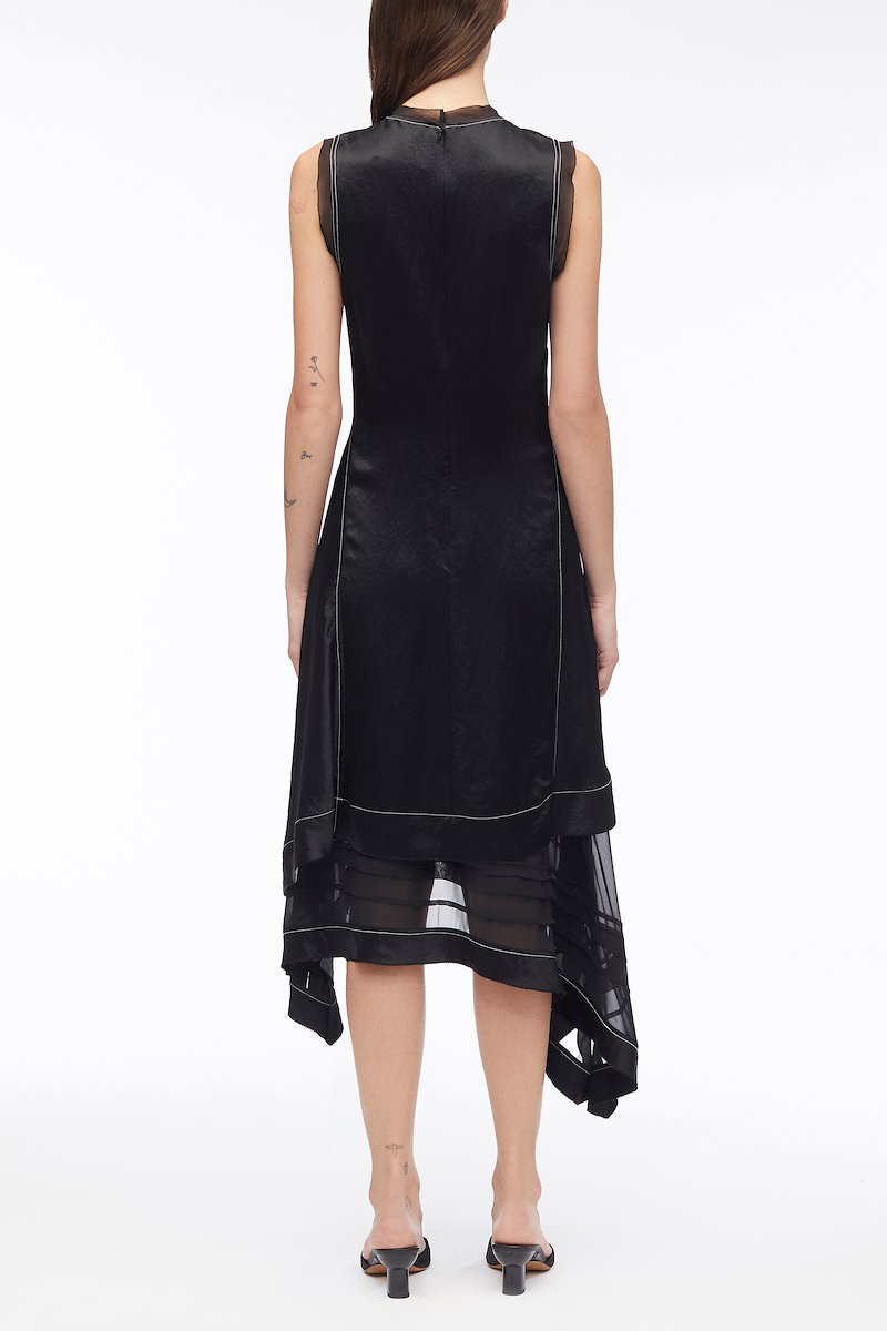 Asymmetric Hem Sleeveless Satin Combo Dress-white #0 Asymmetric Hem Sleeveless Satin Combo Dress, asymmetric satin mid-dress from 3.1 PHILLIP LIM featuring black/white, satin weave, layered design, contrast stitching, crew neck, sleeveless, asymmetric hem, sheer panels and below-knee length.- 2