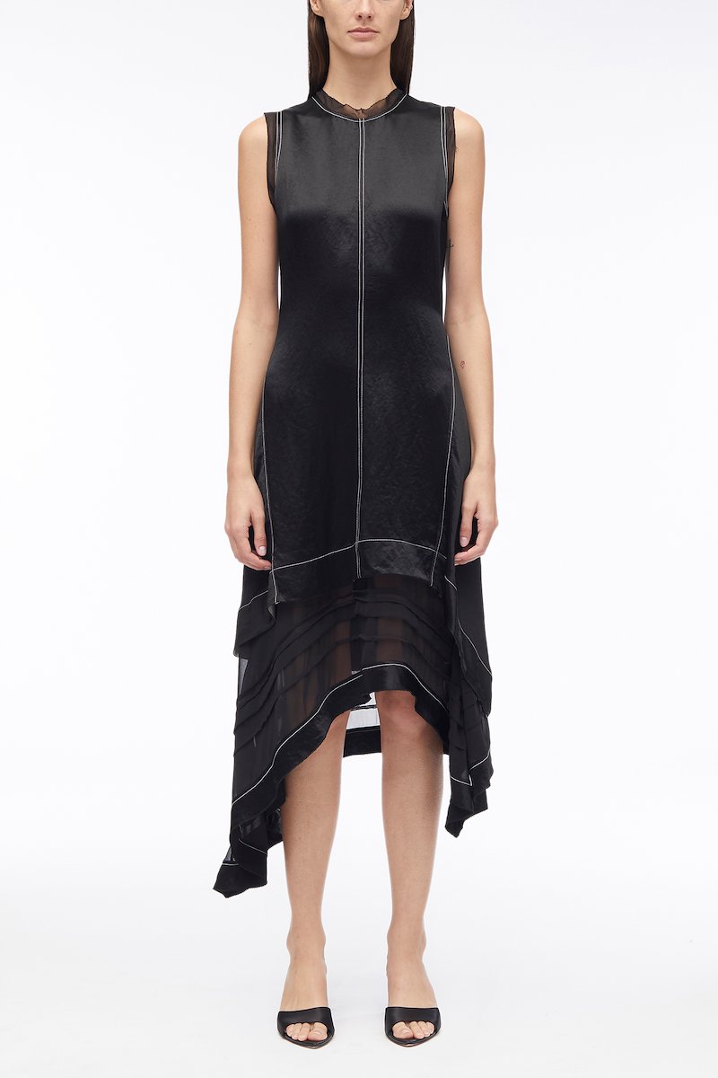 Asymmetric Hem Sleeveless Satin Combo Dress-white #0 Asymmetric Hem Sleeveless Satin Combo Dress, asymmetric satin mid-dress from 3.1 PHILLIP LIM featuring black/white, satin weave, layered design, contrast stitching, crew neck, sleeveless, asymmetric hem, sheer panels and below-knee length.- 0